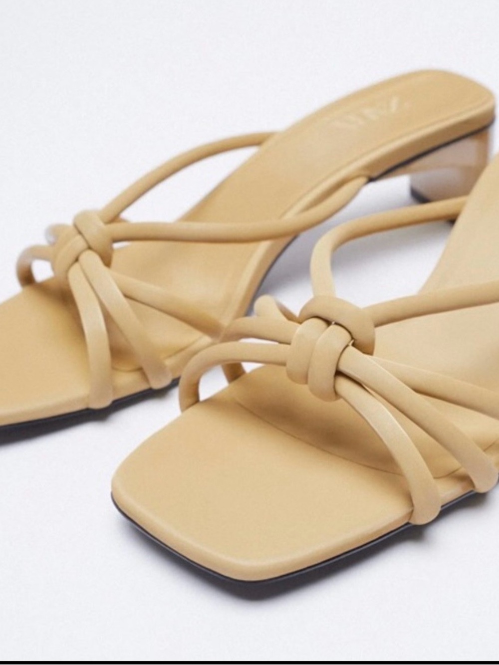 ✅🌹Zara Tan Knot-Strap Square Toe Block Heel Mules.